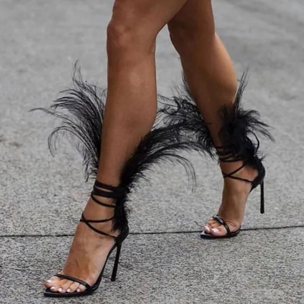 New Kitulandy Women's Sandals Feather Point Toe Stiletto High Heels Shoes